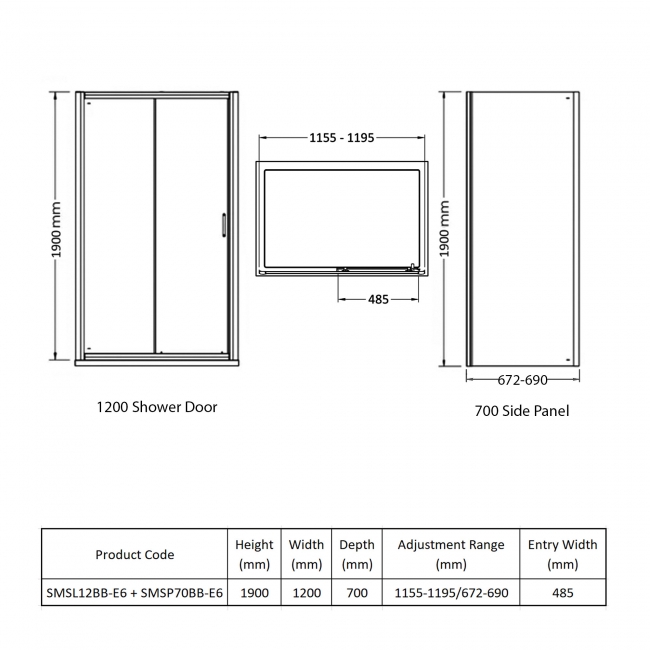 Nuie Rene Brushed Brass Sliding Door Rectangular Shower Enclosure 1200mm x 700mm - 6mm Glass  | Dimension Image