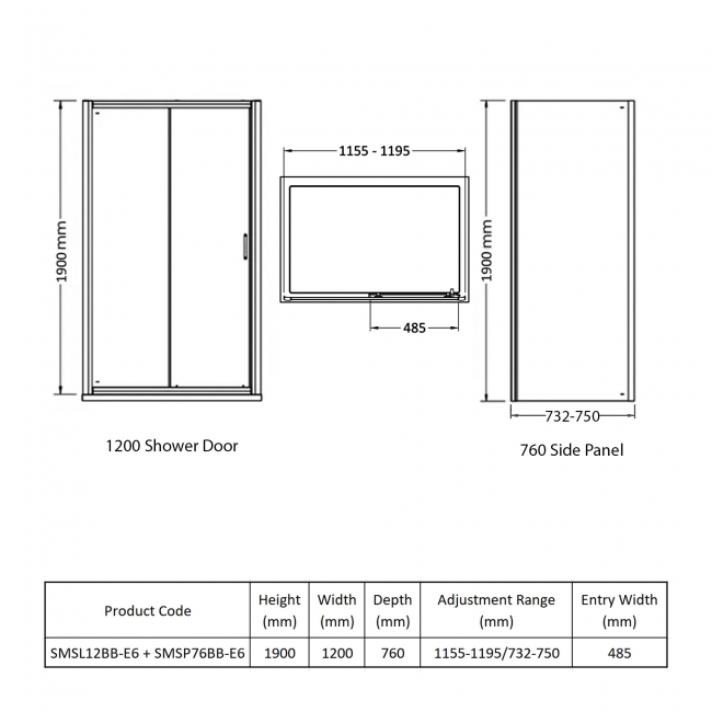 Nuie Rene Brushed Brass Sliding Door Rectangular Shower Enclosure 1200mm x 760mm - 6mm Glass  | Dimension Image