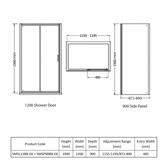 Nuie Rene Brushed Brass Sliding Door Rectangular Shower Enclosure 1200mm x 900mm - 6mm Glass  | Dimension Image