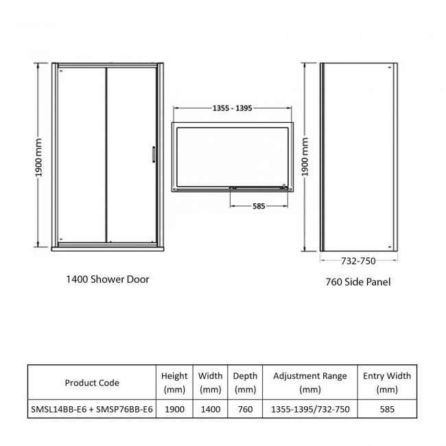 Nuie Rene Brushed Brass Sliding Door Rectangular Shower Enclosure 1400mm x 760mm - 6mm Glass  | Dimension Image