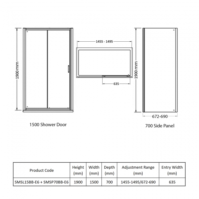 Nuie Rene Brushed Brass Sliding Door Rectangular Shower Enclosure 1500mm x 700mm - 6mm Glass  | Dimension Image