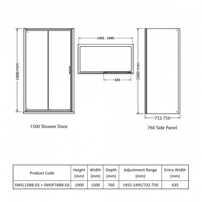 Nuie Rene Brushed Pewter Sliding Door Rectangular Shower Enclosure 1500mm x 760mm - 6mm Glass  | Dimension Image