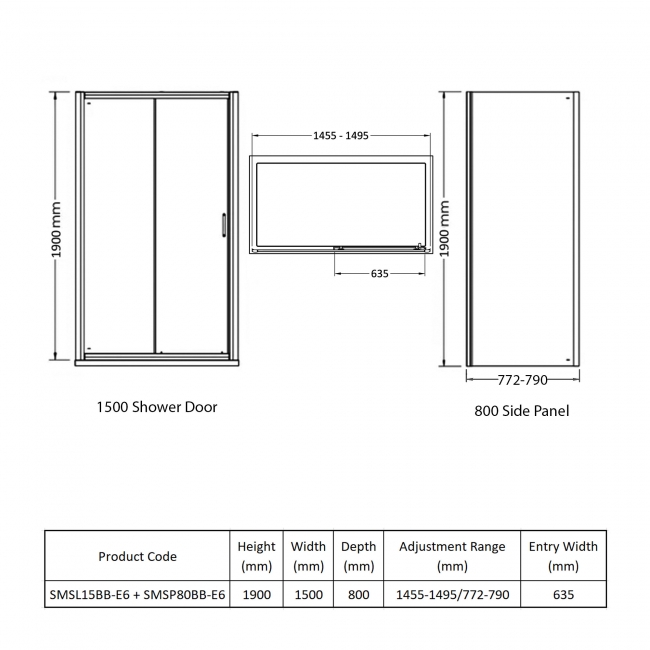 Nuie Rene Brushed Brass Sliding Door Rectangular Shower Enclosure 1500mm x 800mm - 6mm Glass  | Dimension Image