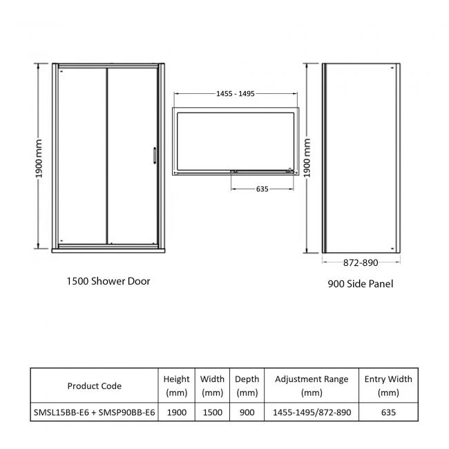 Nuie Rene Brushed Brass Sliding Door Rectangular Shower Enclosure 1500mm x 900mm - 6mm Glass  | Dimension Image