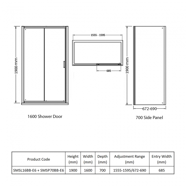 Nuie Rene Brushed Brass Sliding Door Rectangular Shower Enclosure 1600mm x 700mm - 6mm Glass  | Dimension Image