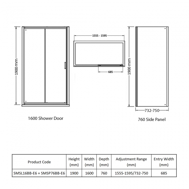 Nuie Rene Brushed Brass Sliding Door Rectangular Shower Enclosure 1600mm x 760mm - 6mm Glass  | Dimension Image