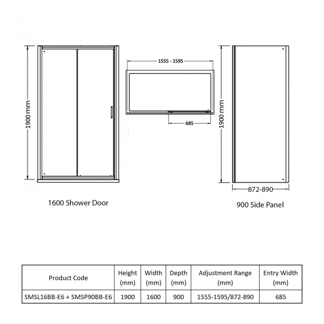 Nuie Rene Brushed Brass Sliding Door Rectangular Shower Enclosure 1600mm x 900mm - 6mm Glass  | Dimension Image