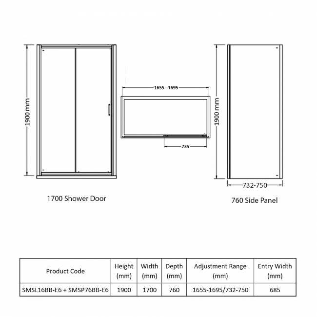 Nuie Rene Brushed Brass Sliding Door Rectangular Shower Enclosure 1700mm x 760mm - 6mm Glass  | Dimension Image