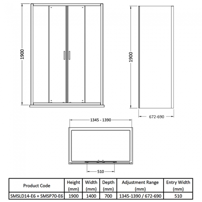 Nuie Rene Double Sliding Door Rectangular Shower Enclosure 1400mm x 700mm - 6mm Glass  | Dimension Image