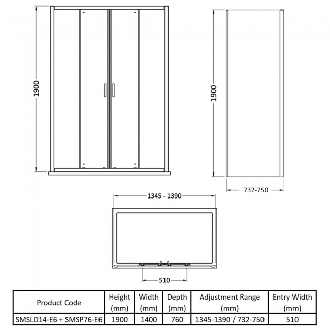 Nuie Rene Double Sliding Door Rectangular Shower Enclosure 1400mm x 760mm - 6mm Glass  | Dimension Image