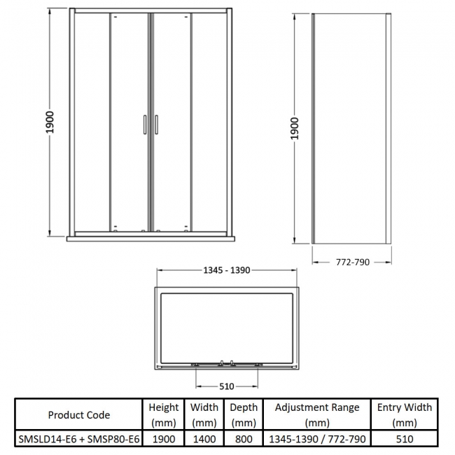 Nuie Rene Double Sliding Door Rectangular Shower Enclosure 1400mm x 800mm - 6mm Glass  | Dimension Image
