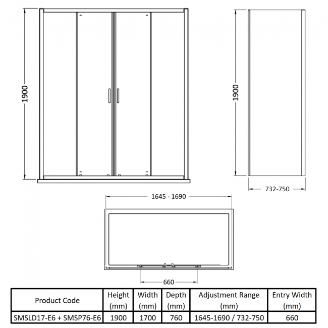 Nuie Rene Double Sliding Door Rectangular Shower Enclosure 1700mm x 760mm - 6mm Glass  | Dimension Image