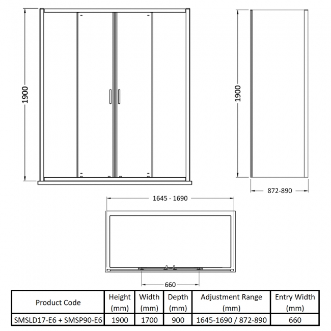 Nuie Rene Double Sliding Door Rectangular Shower Enclosure 1700mm x 900mm - 6mm Glass  | Dimension Image