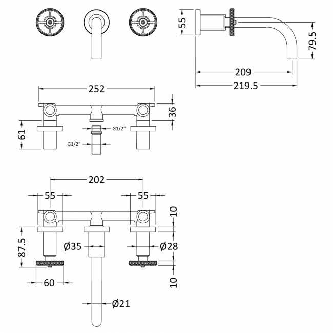 Nuie Revolution Wall Mounted Basin Mixer Tap - Chrome  | Dimension Image