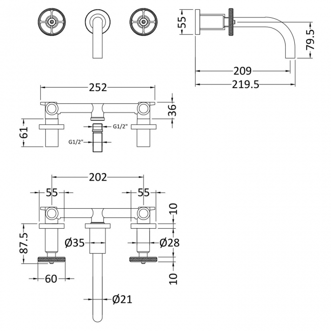 Nuie Revolution 4-Hole Bath Shower Mixer Tap - Chrome  | Dimension Image