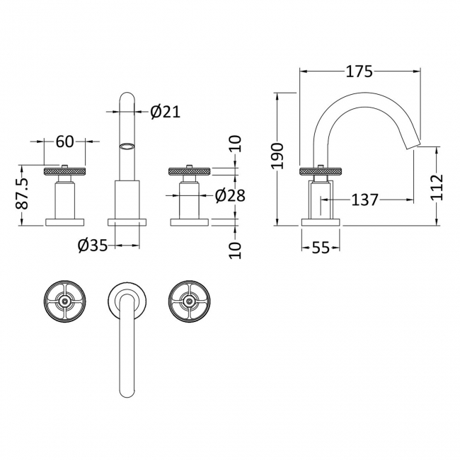 Nuie Revolution 3-Hole Basin Mixer Tap with Waste - Chrome  | Dimension Image