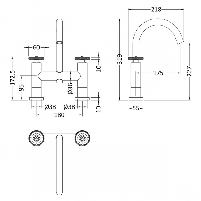 Nuie Revolution Bath Filler Tap Pillar Mounted - Chrome  | Dimension Image