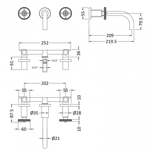 Nuie Revolution Wall Mounted Basin Mixer Tap - Matt Black  | Dimension Image
