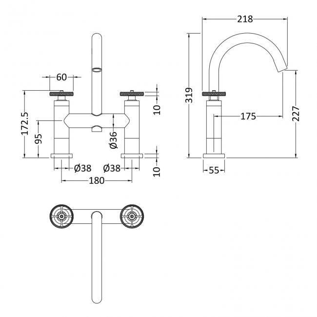 Nuie Revolution Bath Filler Tap Pillar Mounted - Brushed Brass  | Dimension Image