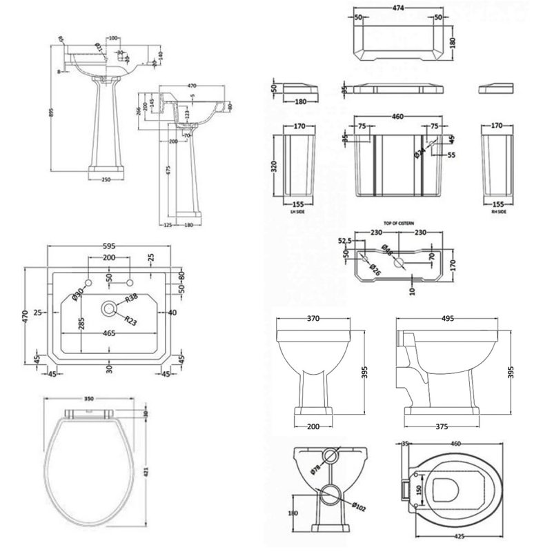 Nuie Richmond Traditional Bathroom Suite Low Level Toilet 595mm Basin 2TH - Natural Walnut Seat