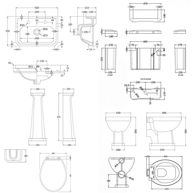 Nuie Richmond Traditional Bathroom Suite Low Level Toilet 500mm Basin 2TH - Natural Walnut Seat