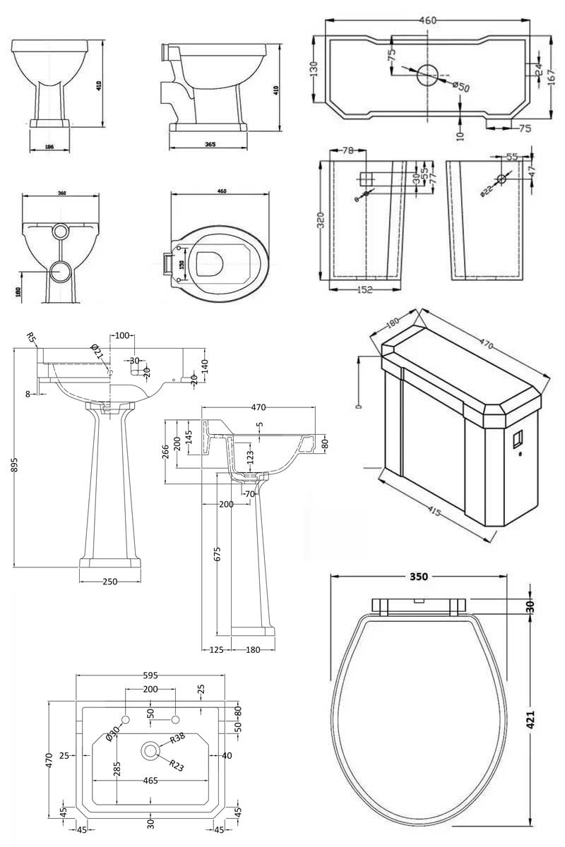 Nuie Richmond Traditional Bathroom Suite High Level Toilet 595mm Basin - 2 Tap Hole