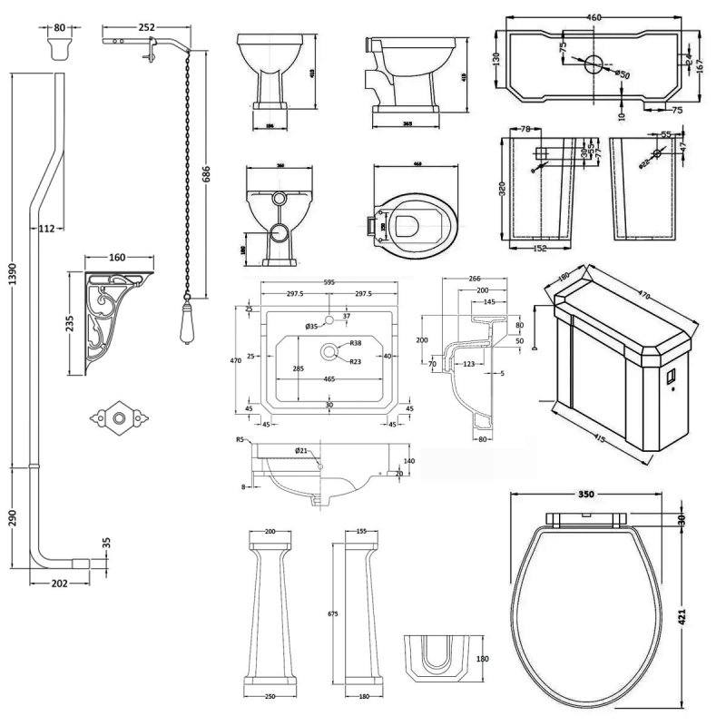 Nuie Richmond Traditional Bathroom Suite High Level Toilet 595mm Basin - 1 Tap Hole