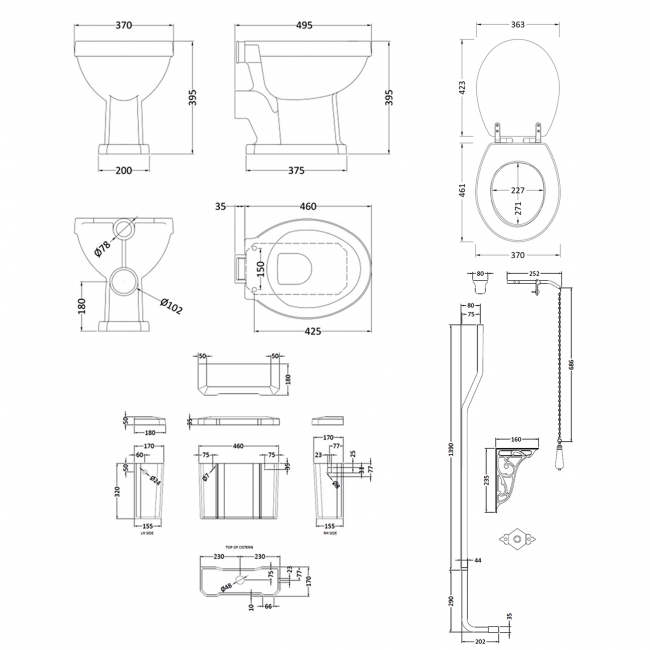 Nuie Richmond High Level Toilet with Lever Cistern - Soft Close Seat (Brushed Brass Fittings)