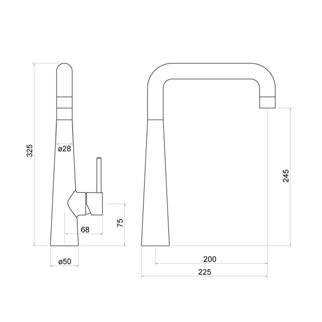 Nuie Roshni Kitchen Sink Mixer Tap Single Lever Handle - Chrome  | Dimension Image