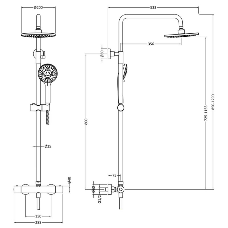 Nuie Arvan Bar Shower JTY775 2 Outlet Brushed Pewter