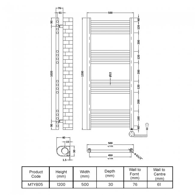 Nuie Round Bar Electric Thermostatic Heated Towel Rail 1200mm H x 500mm W - Anthracite  | Dimension Image