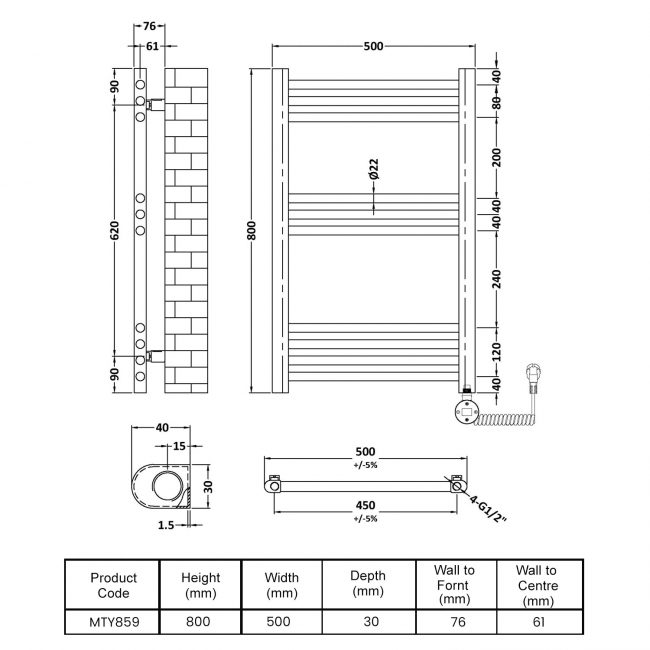 Nuie Round Bar Electric Heated Towel Rail 800mm H x 500mm W - Brushed Brass  | Dimension Image