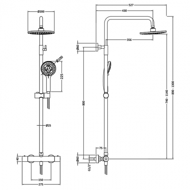 Nuie Round Thermostatic Bar Mixer Shower with Shower Kit and Fixed Head - Brushed Bronze