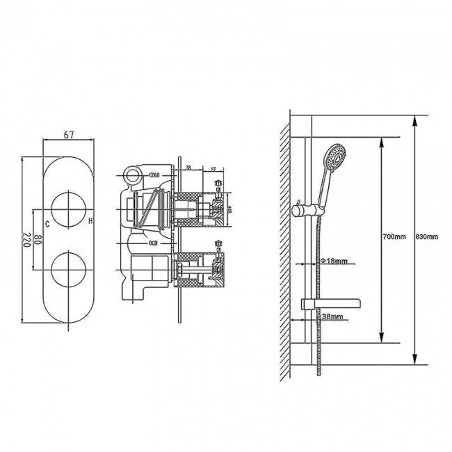 Nuie Rounded Twin Valve Concealed Shower Mixer Slider Rail Kit  | Dimension Image