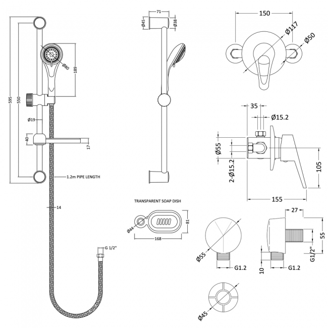 Nuie Round Manual Concealed Shower Valve with Slider Rail Kit - Chrome