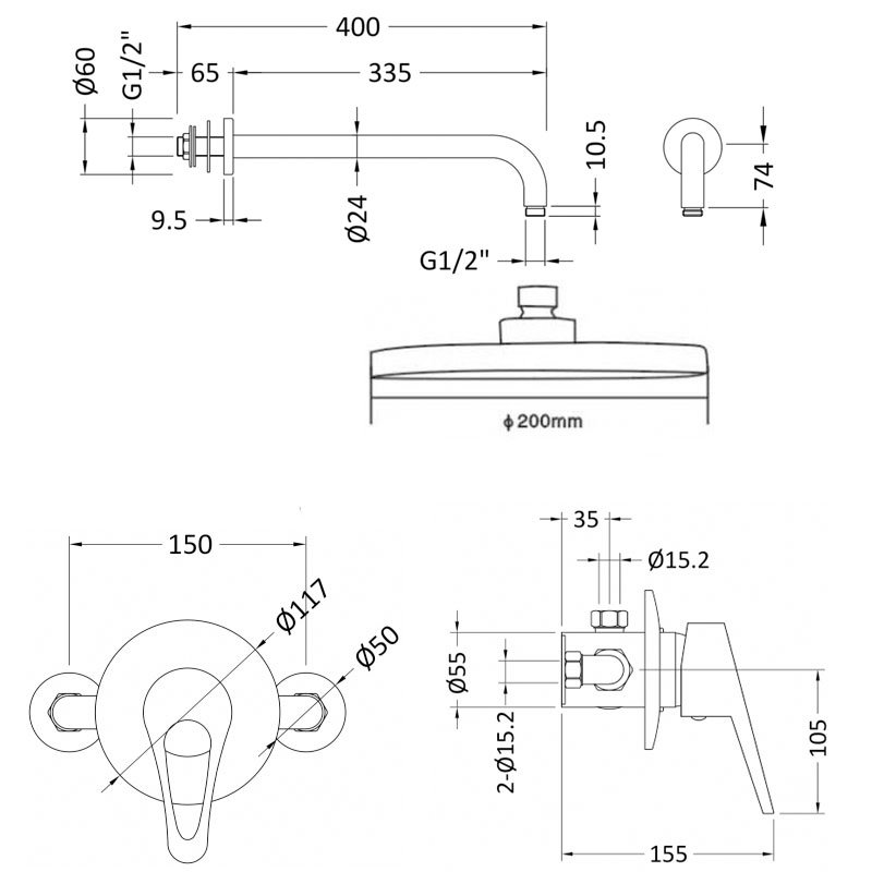Nuie Round Manual Concealed Shower Valve with Fixed Head and Arm - Chrome