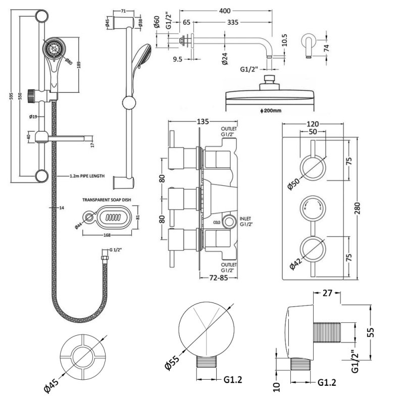 Nuie Triple Round Thermostatic Concealed Complete Mixer Shower - Chrome