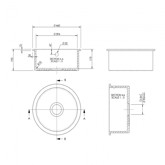 Nuie Undermount Round Kitchen Sink 1.0 Bowl with Overflow 460mm Diameter - Soft Black