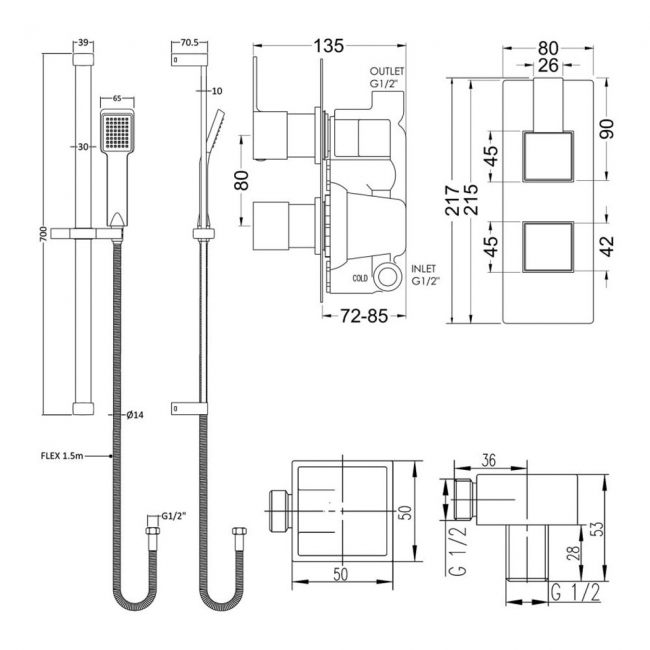 Nuie Sanford Twin Square Thermostatic Concealed Shower Valve with Slider Rail Kit - Chrome