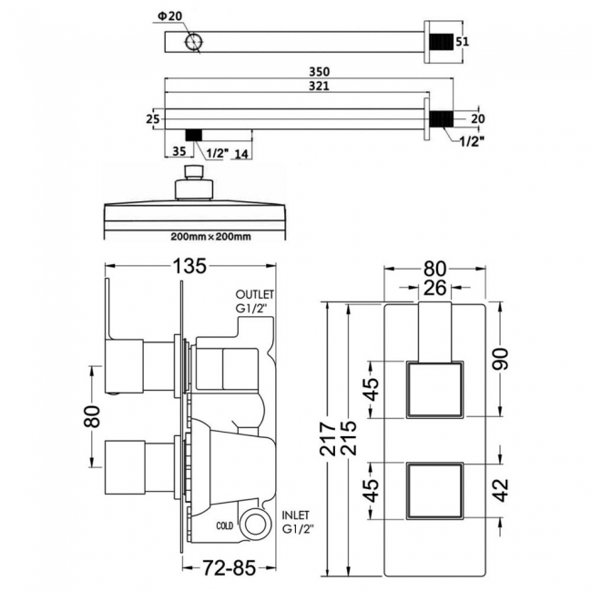 Nuie Sanford Twin Square Thermostatic Concealed Shower Valve with Fixed Head and Arm - Chrome