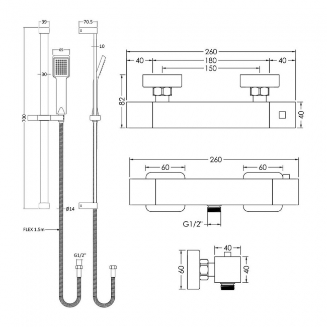 Nuie Sanford Square Thermostatic Bar Shower Valve with Slider Rail Kit - Chrome