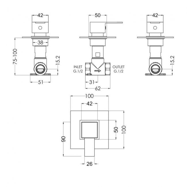 Nuie Sanford Square Concealed Stop Tap Shower Valve - Chrome