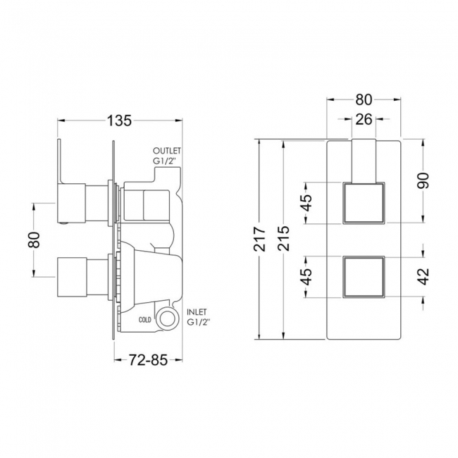 Nuie Sanford Thermostatic Concealed Shower Valve Dual Handle - Chrome