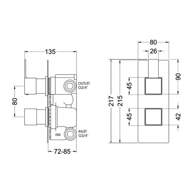 Nuie Sanford Thermostatic Concealed Shower Valve with Diverter Dual Handle - Chrome