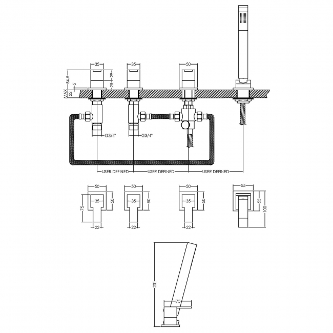 Nuie Sanford 4-Hole Pillar Mounted Bath Shower Mixer Tap - Chrome