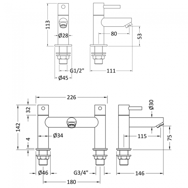 Nuie Series 2 Basin Taps and Bath Filler Tap Pillar Mounted - Chrome