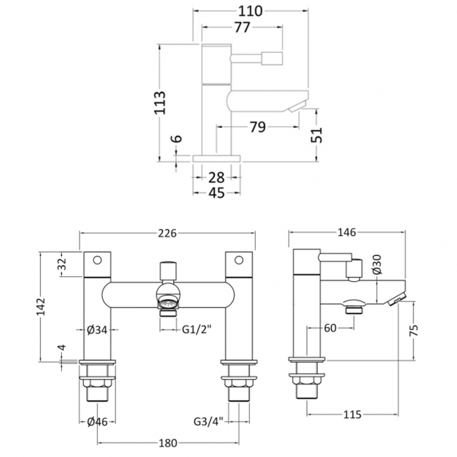 Nuie Series 2 Basin Taps and Bath Shower Mixer Tap Pillar Mounted - Chrome