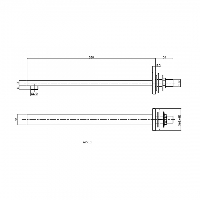 Nuie Rectangular Wall Mounted Shower Arm 360mm Length - Brushed Bronze