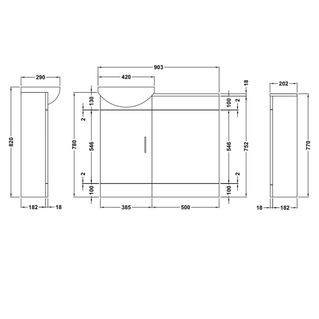 Nuie Sienna Combination Furniture Pack With WC Unit 500mm without Tap  | Dimension Image
