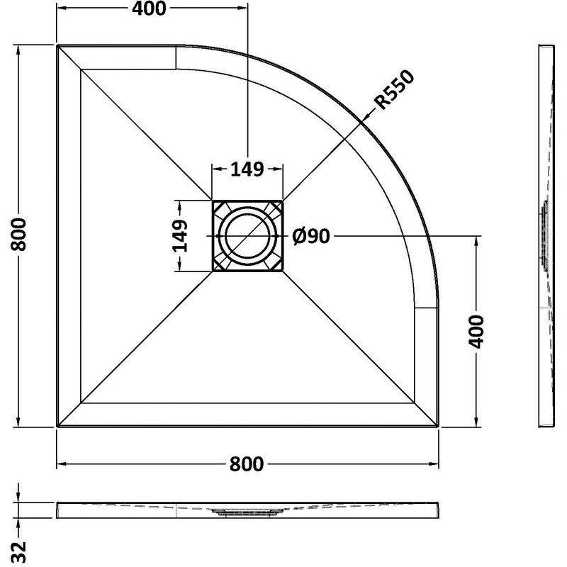 Nuie Slimline Slate Quadrant Shower Tray 800mm x 800mm - White